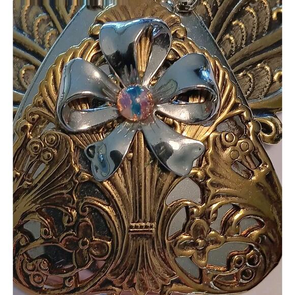 Jane Davis Signed Angel Faux Pearl Rhinestone Brooch Ribbon Mixed Metal - Picture 3 of 12